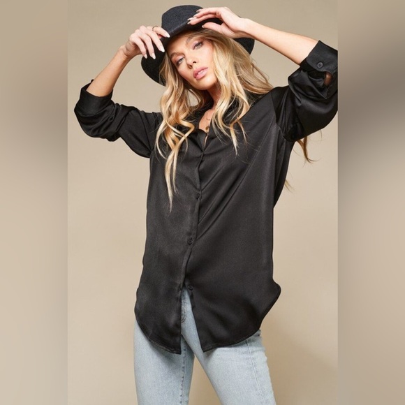 Satin Button Down Nude Black Neutral - Picture 9 of 9